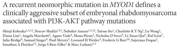 (2014) MYOD1 mutations in 10% of Embryonal RMS subset of cases with MYOD1 mutations showed PIK3CA mutations.