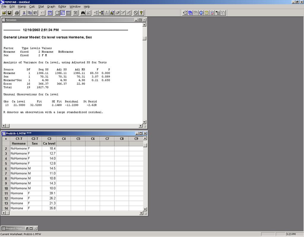 Figure 15.3. MINITAB statistical output for a two-way ANOVA run as a general linear model using data from Problem 15.1. Example Problem (Problem 15.