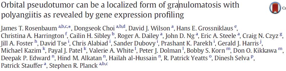 Gene expression profiling can distinguish a subset of orbital pseudotumor due to GPA from sarcoid, thyroid eye disease, and controls.