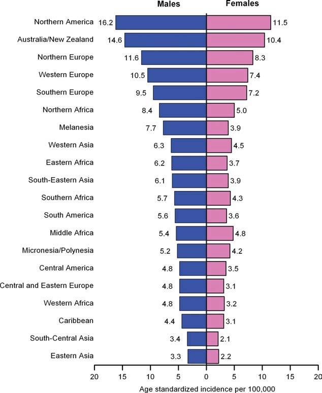 Global Cancer Statistics FIGURE 13. Age-Standardized Urinary Bladder Cancer Incidence Rates by Sex and World Area. Source: GLOBOCAN 2008.
