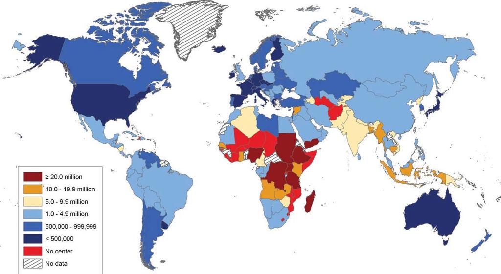 Global Cancer Statistics FIGURE 3. Number of People Served by Each Radiotherapy Center by Country. Sources: International Atomic Energy Agency, Directory of Radiotherapy Centers, http://www-nawebiaea.