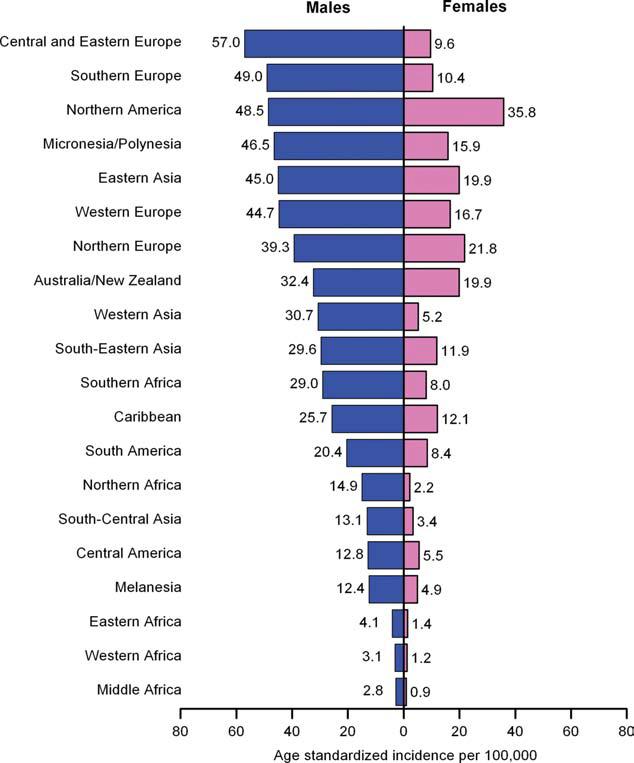 CA CANCER J CLIN 2011;61:69 90 FIGURE 4. Age-Standardized Breast Cancer Incidence and Mortality Rates by World Area. Source: GLOBOCAN 2008. epidemic.