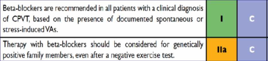 Management of CPVT: β-blockers in all patients!!! Prefer beta-blockers without intrinsic sympathomimetic activity (nadolol, propranolol). Full dose (e.g. nadolol 1-2 mg/kg per day) Recommend strict compliance to therapy 2015 ESC Guidelines for management of pts with VAs & prevention of SCD.