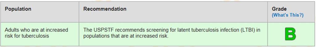 2016 Recommendation The USPSTF recommends screening for LTBI in populations that are at increased risk (B recommendation) *B Recommendation = USPSTF