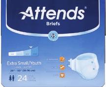 BRIEFS 5 ATTENDS SMALL & YOUTH BRIEFS Heavy to Severe Incontinence BEST Extra Small/Youth (20-30, 50-90 lbs) 1000024215 BRBX10 96 4 Bags of 24 Small (25-34, 85-100 lbs) N/A BRBX15 96 4 Bags