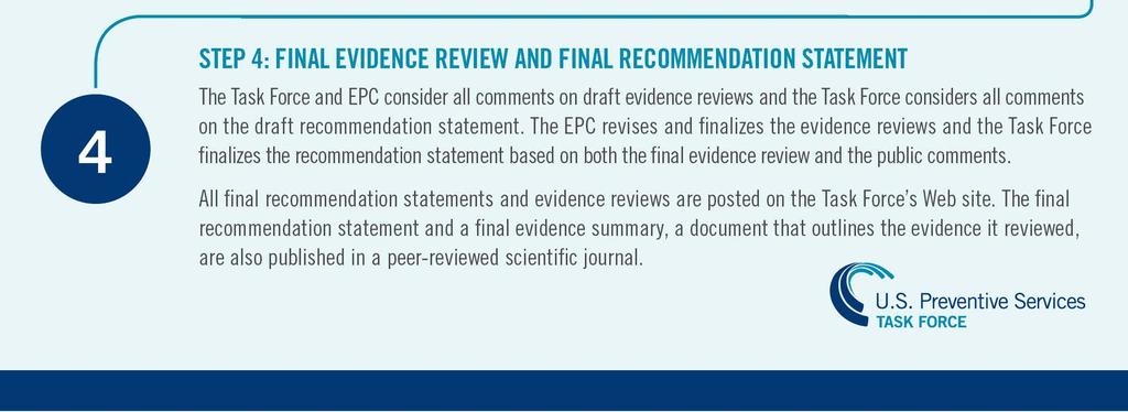 recommendation statement. The EPC revises and finalizes the evidence reviews and the Task Force finalizes the recommendation statement based on both the final evidence review and the public comments.