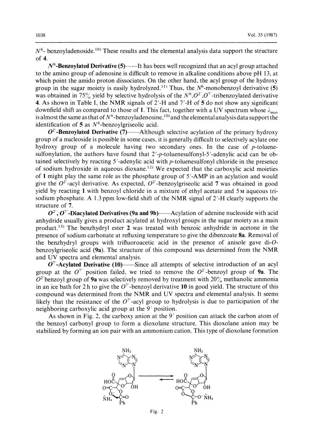 1038 Vol. 35 (1987) N6 - benzoyladenoside.10) These results and the elemental analysis data support the structure of 4.