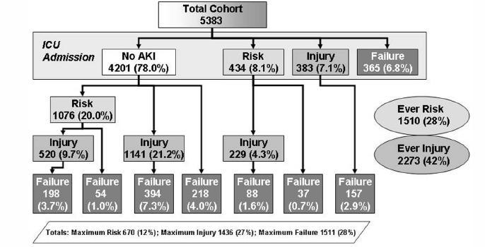 ICU Incidence of AKI using RIFLE criteria Early AKI 22% 67