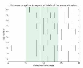 Characterizing and Correlating Spike Trains 35 Pseudocode Create figure and specify subplot Draw the stimulus presentation area green For each of the ten trials Extract the spike times from the spike
