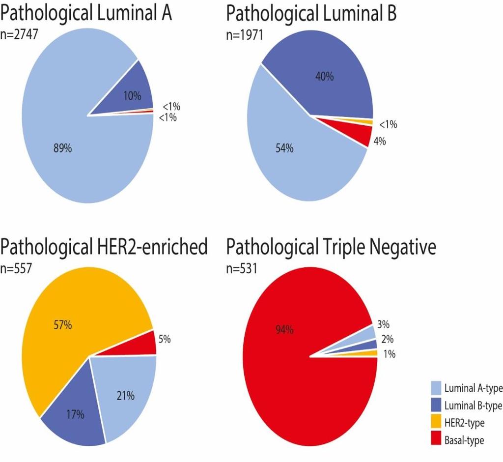 Reclassification with molecular subtyping Molecular Subtyping classified 54% as Luminal A among the Luminal B by