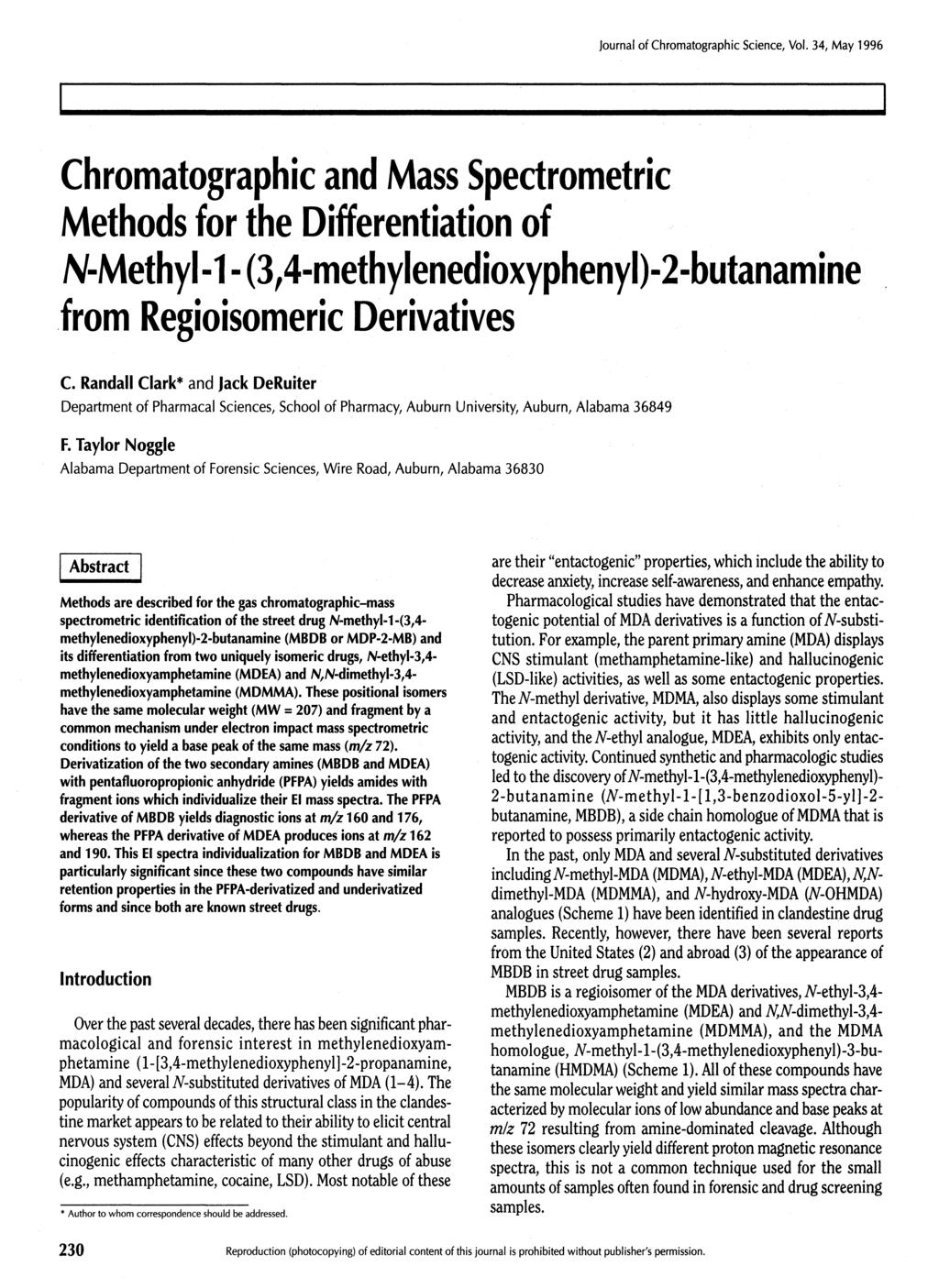 Chromatographic and Mass Spectrometry Methods for the Differentiation of N-Methyl-1-(3,4-methylenedioxyphenyO^-butanamine from Regioisomeric Derivatives C.