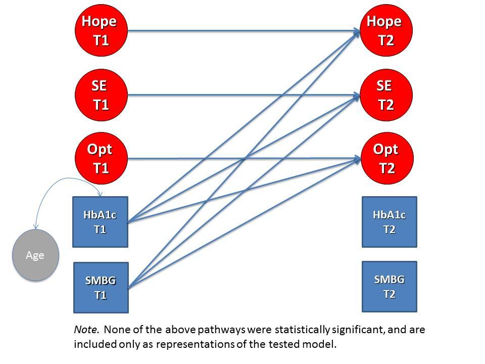 The longitudinal structural model of the associations between Time 1 SMBG and HbA1c and residual change in hope and optimism could not converge using the available dataset.