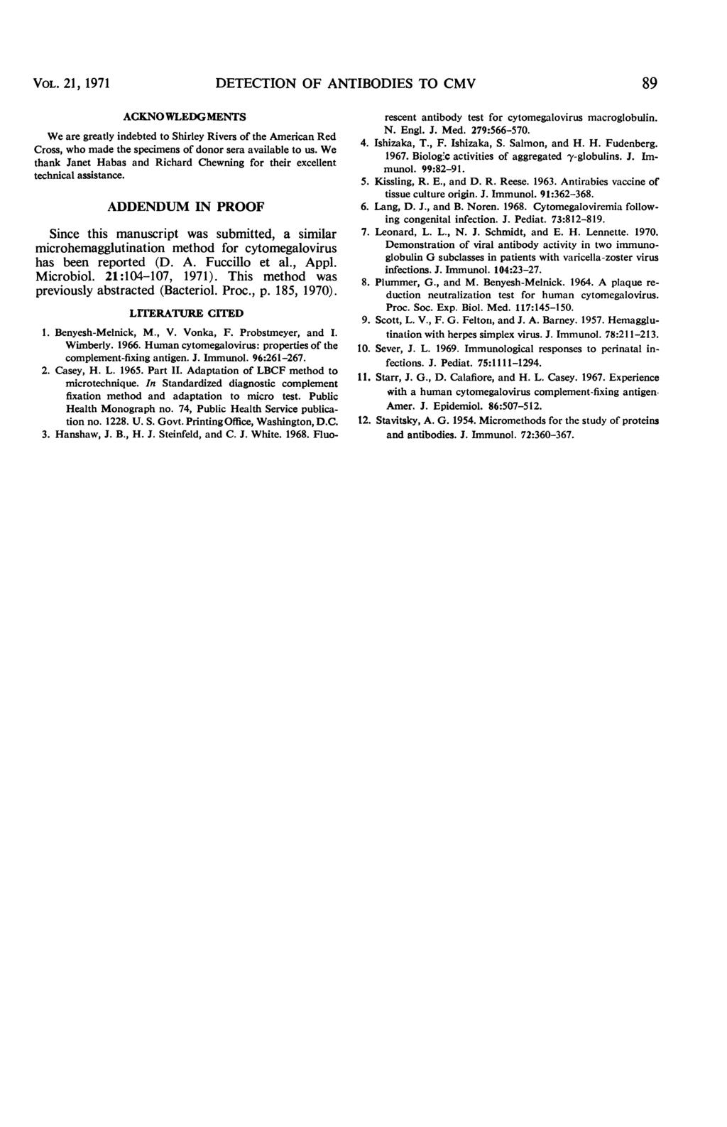 VOL. 21, 1971 DETECTION OF ANTIBODIES TO CMV 89 ACKNOWLEDGMENTS We are greatly indebted to Shirley Rivers of the American Red Cross, who made the specimens of donor sera available to us.