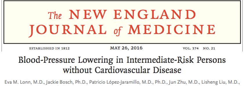 Design: 2x2 factorial RCT (double-blind) Population: intermediate-risk (no CVD); 22% had BP Rx at baseline; n=12 705 Intervention: candesartan 16 mg/d plus HCTZ 12.5 mg/d vs.
