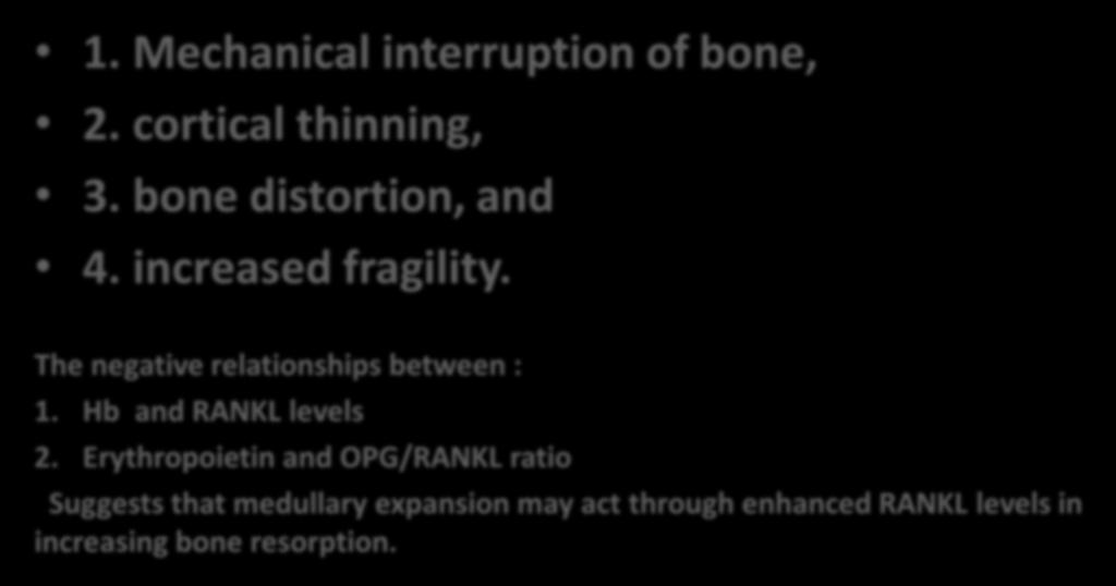 1.Marrow Expansion 1. Mechanical interruption of bone, 2. cortical thinning, 3. bone distortion, and 4. increased fragility. The negative relationships between : 1. Hb and RANKL levels 2.