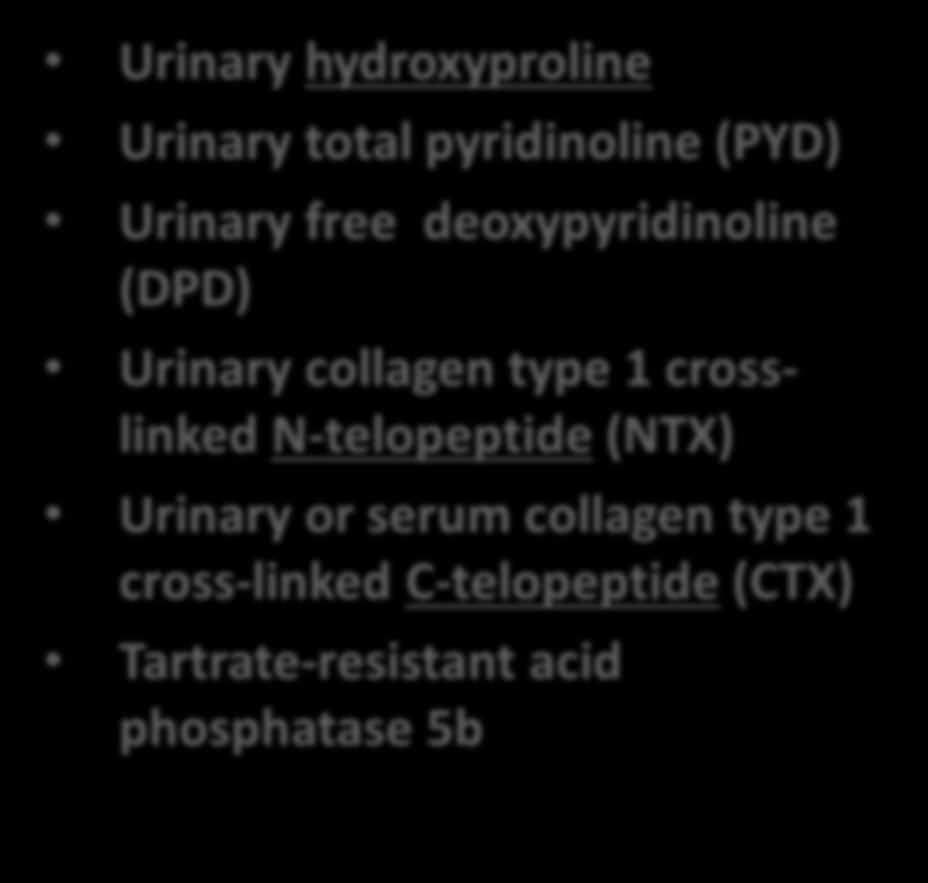 Urinary total pyridinoline (PYD) Urinary free deoxypyridinoline (DPD) Urinary collagen type 1 crosslinked