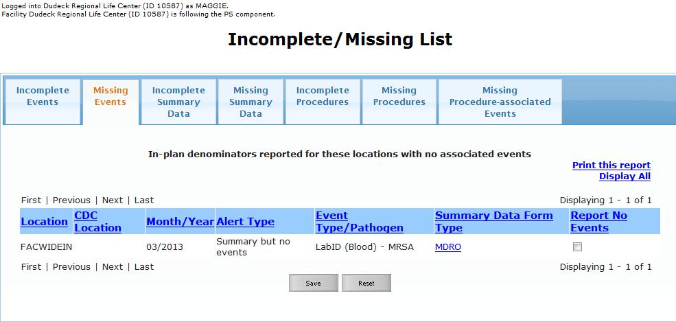 Denominator Data Report No Events (2 of 2) Report No Events