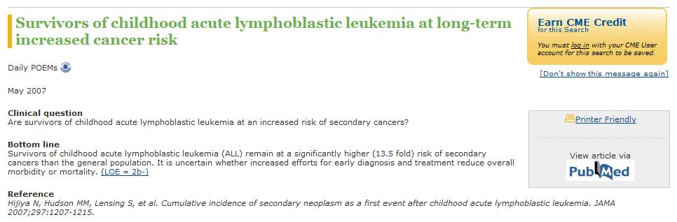 Select subject area Neoplasms or search for leukemia Type