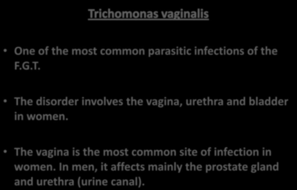 One of the most common parasitic infections of the F.G.T. The disorder involves the vagina, urethra and bladder in women.