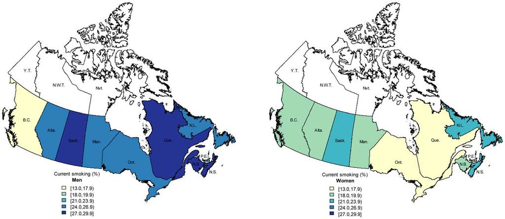 Figure 1. Adjusted prevalence of current smoking in Canadian provinces for men (left) and women (right) aged 15 years and above, Canadian Tobacco Use Monitoring Survey 2010.
