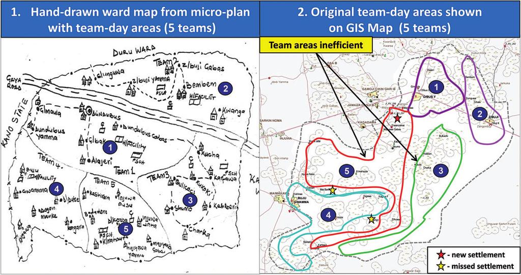 Figure 1. Comparison of team assignments, using hand-drawn and geographic information system maps.