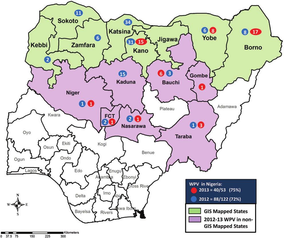 Figure 4. Geographic information system mapped states and 2012 2013 cases of wild poliovirus infection in Nigeria. and templates were distributed to all 2238 wards in the 8 GIS states.