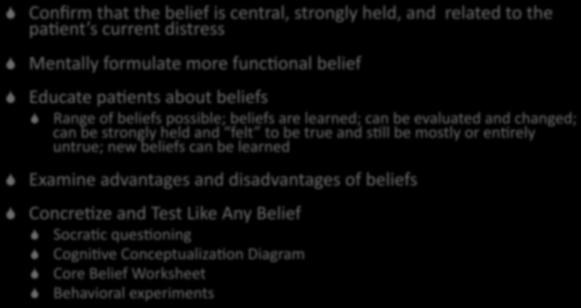 the belief is central, strongly held, and related to the pa2ent s current distress Mentally formulate more func2onal belief Educate pa2ents about beliefs Range of beliefs possible; beliefs are