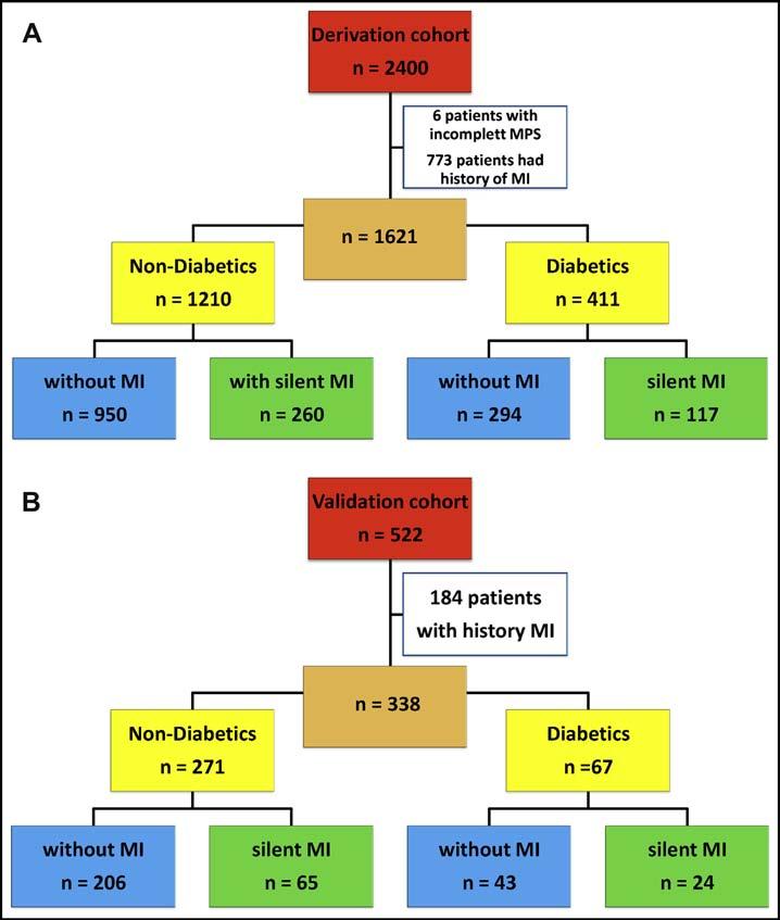 Arenja et al Clinical Aspects of Silent Myocardial Infarction 517 Figure 1 (A) Composition of the derivation cohort / including incomplete myocardial perfusion single photon emission computed