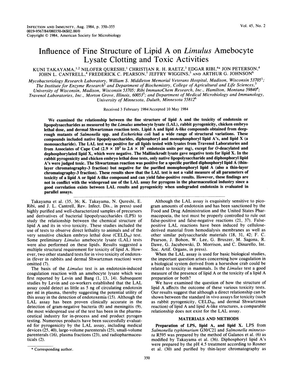INFECTION AND IMMUNITY, Aug. 1984, p. 350-355 Vol. 45, No. 2 0019-9567/84/080350-06$02.