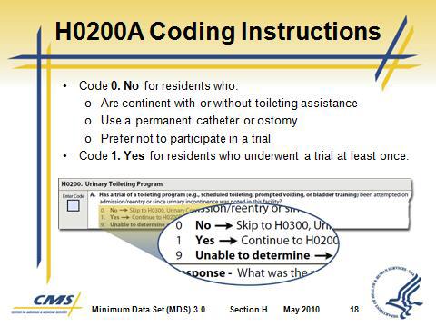 Section H Bladder and Bowel Slide 18 G. H0200A Coding Instructions Code 0. No If for any reason the resident did not undergo a toileting trial.