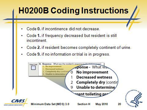 Slide 19 Slide 20 H. H0200B Conduct the Assessment 1. Remember that H0200B documents the Toileting Program Trial Response. 2. Review the resident s responses as recorded during the toileting trial. 3.