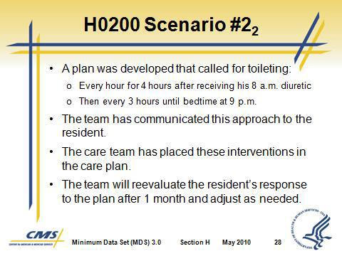 The team will reevaluate the resident s response to the plan after 1 month and adjust as needed. P. H0200 Scenario #2 Coding 1. H0200A would be coded as 1. Yes. 2. H0200B would be coded as 9.