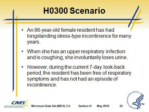 H0300 Scenario 1. An 86-year-old female resident has had longstanding stress-type incontinence for many years. 2.
