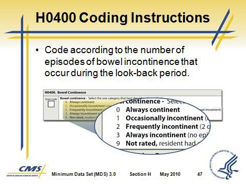 E. H0400 Coding Instructions 1. Code according to the number of episodes of bowel incontinence that occur during the look-back period. Code 0.