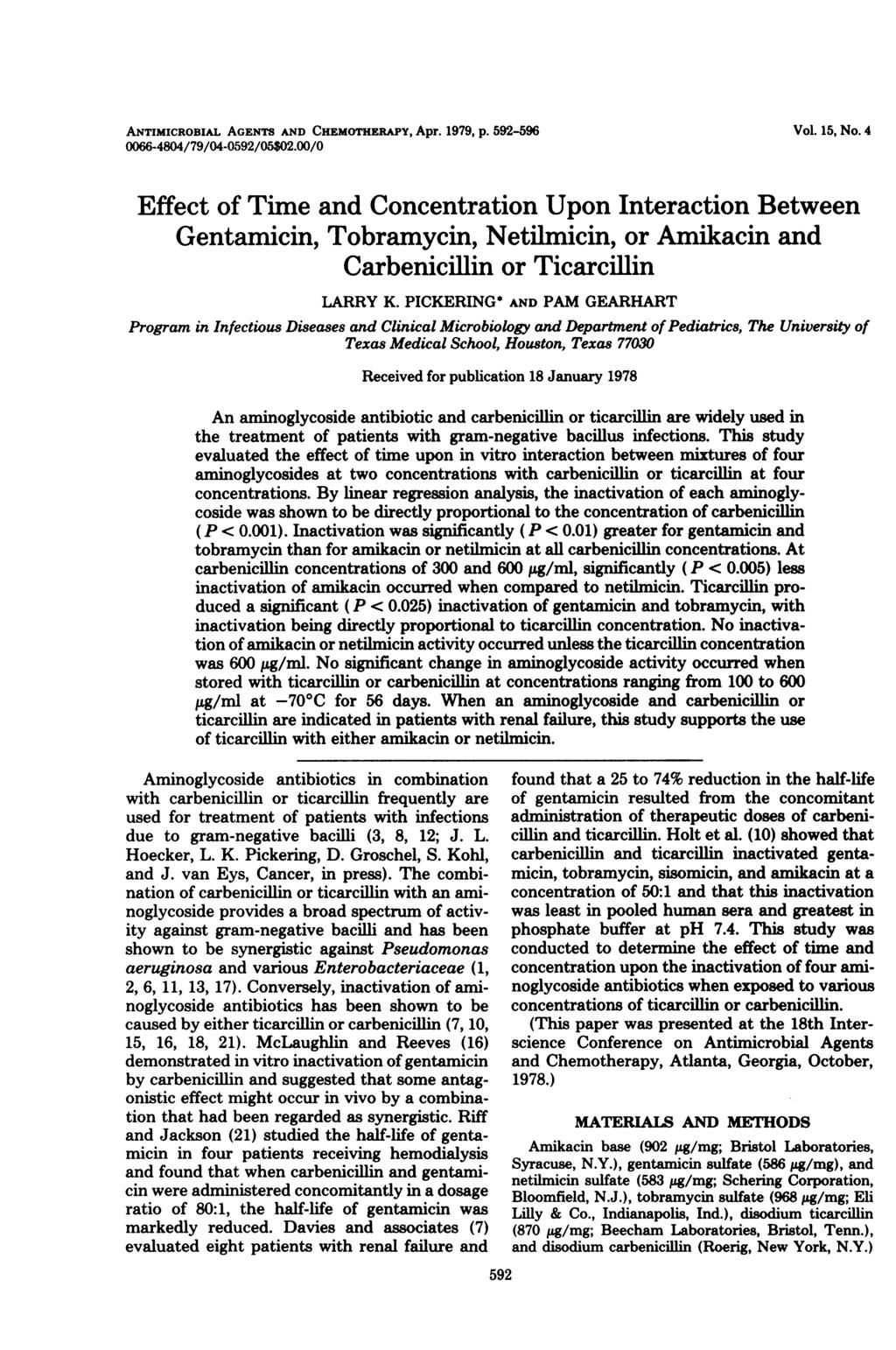 ANTIMICROBIAL AGENTS AND CHEMOTHERAPY, Apr. 1979, p. 592-596 66-484/79/4-592/5$2./ Vol. 15, No.