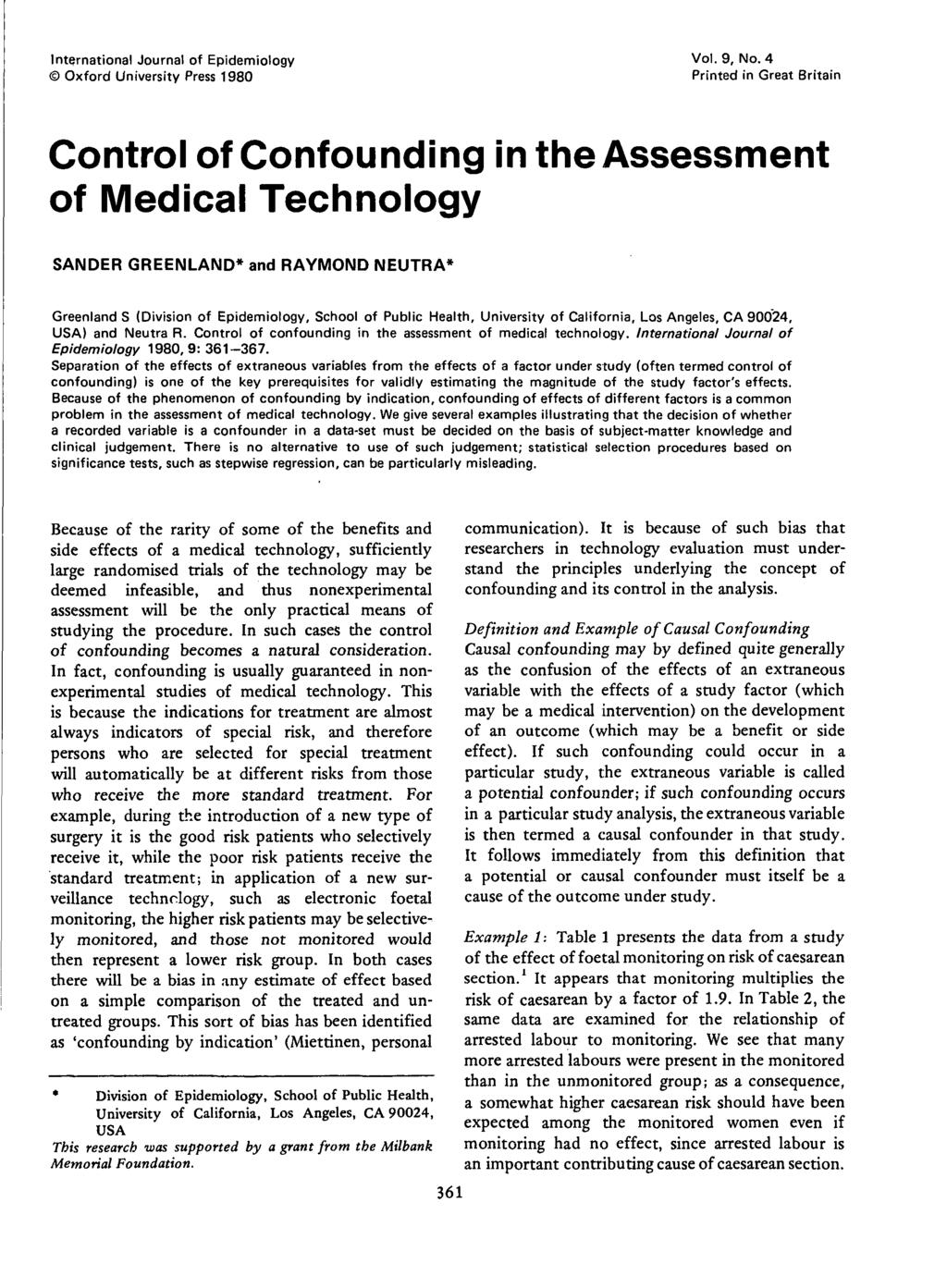 International Journal of Epidemiology Oxford University Press 1980 Vol.9, No.