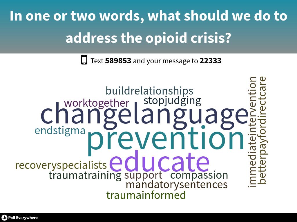 1. Send text to 22333 In 2. one In the or message, two type words, 337999 and what your should answer we do to address the opioid crisis?