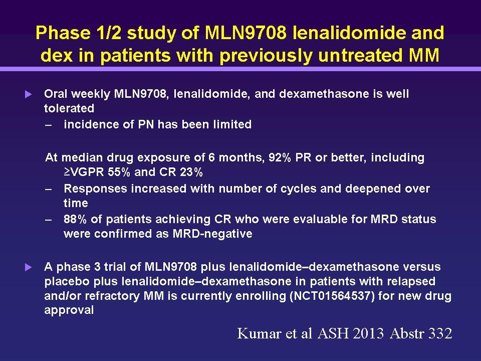 Phase 1/2 study of MLN9708 lenalidomide and dex in patients with previously untreated MM Oral weekly MLN9708, lenalidomide, and dexamethasone is well tolerated incidence of PN has been limited At