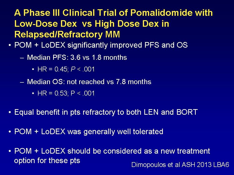 A Phase III Clinical Trial of Pomalidomide with Low-Dose Dex vs High Dose Dex in Relapsed/Refractory MM POM + LoDEX significantly improved PFS and OS Median PFS: 3.6 vs 1.8 months HR = 0.45; P <.