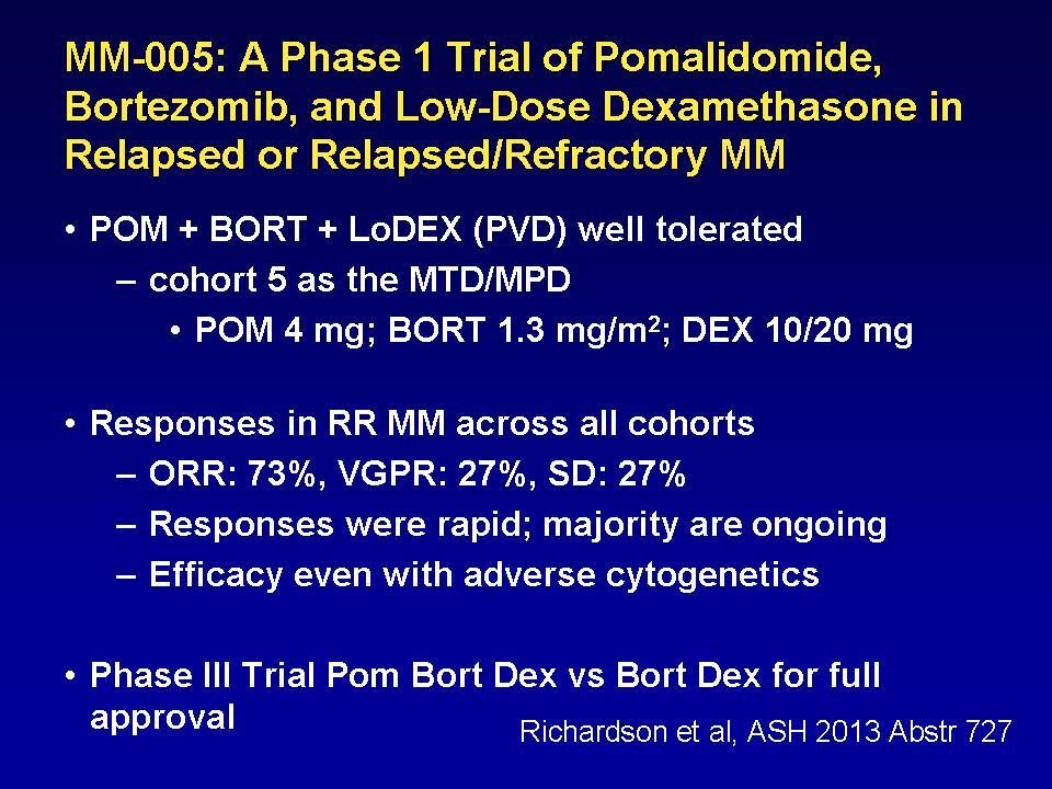 001 Equal benefit in pts refractory to both LEN and BORT POM + LoDEX was generally well tolerated POM + LoDEX should be considered as a new treatment option for these pts Dimopoulos et al ASH 2013