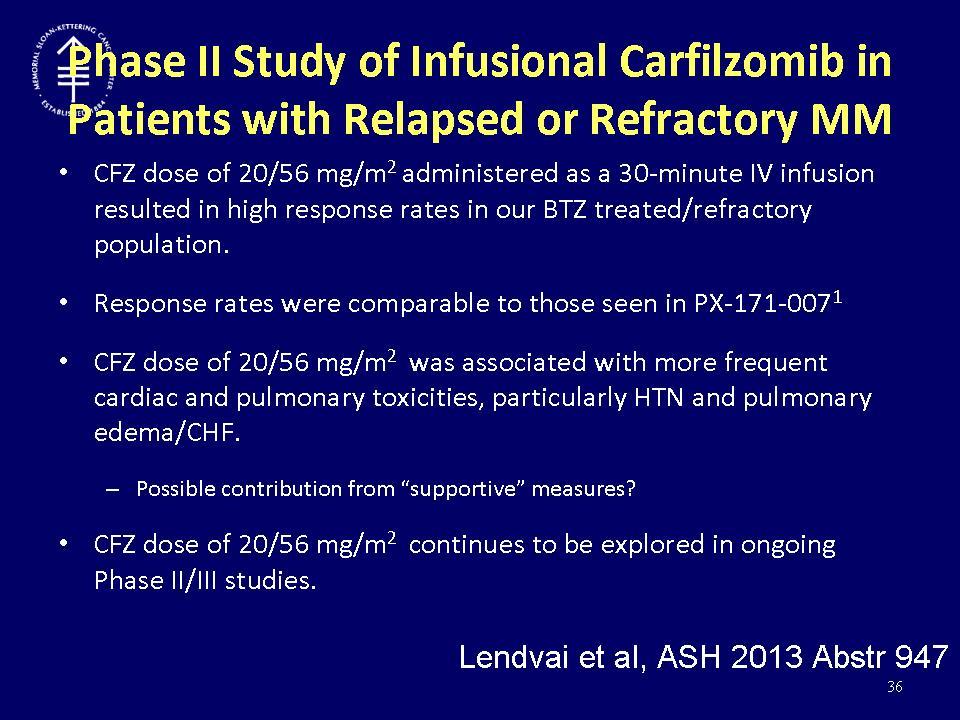 35 Phase II Study of Infusional Carfilzomib in Patients with Relapsed or Refractory MM CFZ dose of 20/56 mg/m 2 administered as a 30 minute IV infusion resulted in high response rates in our BTZ