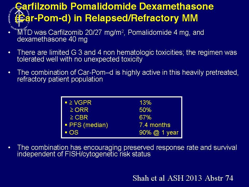 Carfilzomib Pomalidomide Dexamethasone (Car-Pom Pom-d) ) in Relapsed/Refractory MM MTD was Carfilzomib 20/27 mg/m 2, Pomalidomide 4 mg, and dexamethasone 40 mg There are limited G 3 and 4 non