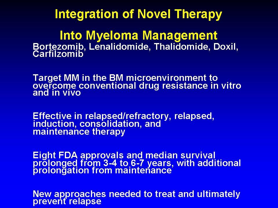 Integration of Novel Therapy Into Myeloma Management Bortezomib, Lenalidomide, Thalidomide, Doxil, Carfilzomib Target MM in the BM