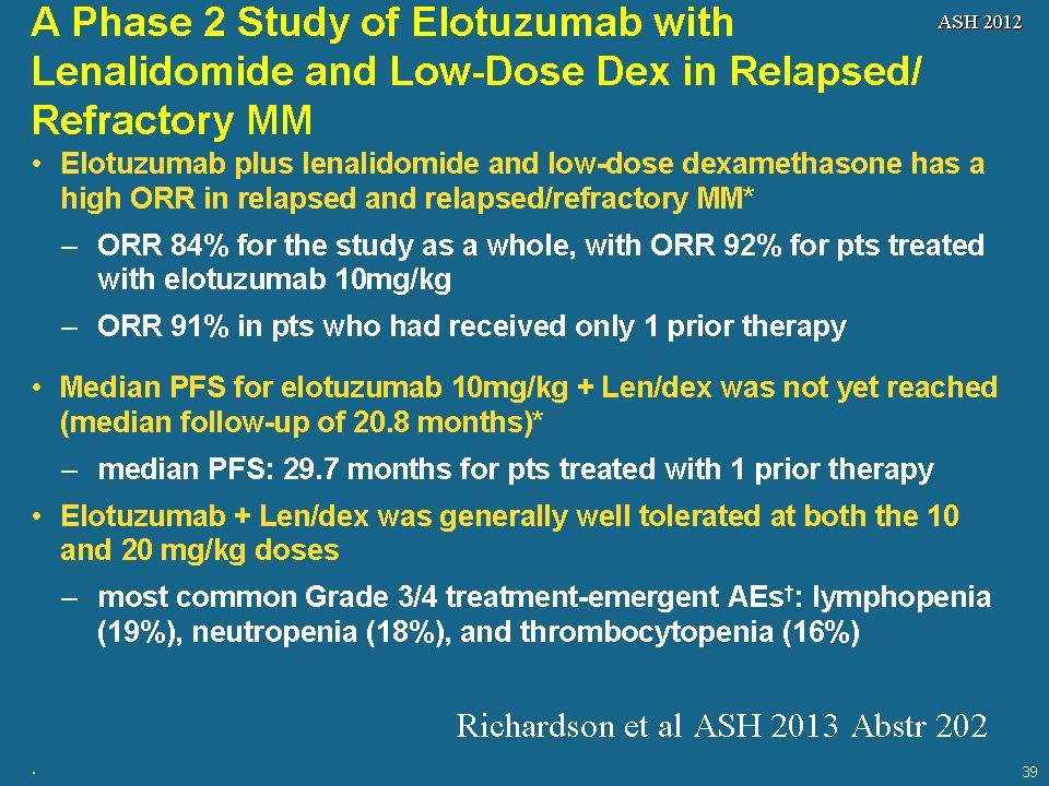 A Phase 2 Study of Elotuzumab with Lenalidomide and Low-Dose Dex in Relapsed/ Refractory MM Elotuzumab plus lenalidomide and low-dose