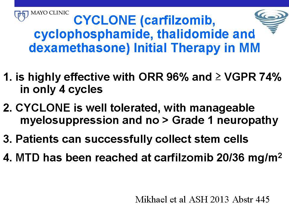 CYCLONE Initial Therapy in MM Agent Dose Level Route Day Rx Carfilzomib See Phase I and II dosing (15-45 mg/m 2 ) IV 1,2,8,9,15,16 Every 28 days Thalidomide 100mg PO 1-28 Every 28 days