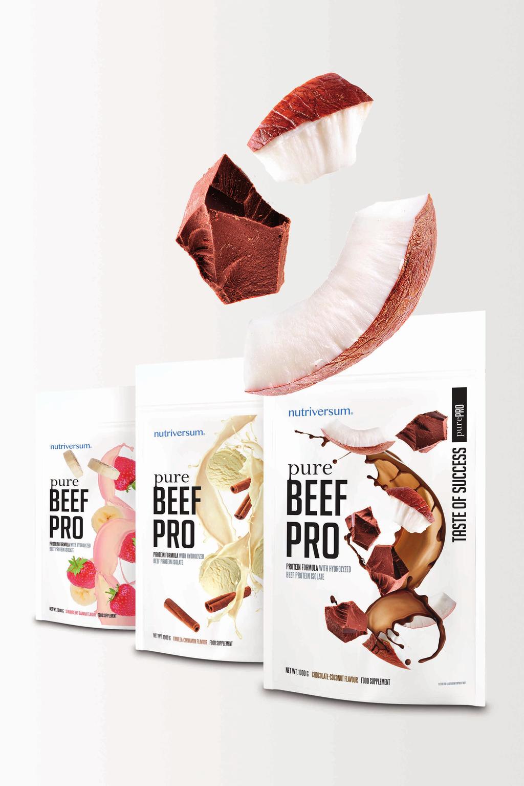 PURE BEEF PRO 80% protein content beef protein formula. Contains 24 grams of protein per serving, consisting of hydrolyzed beef protein formula and whey protein concentrate.