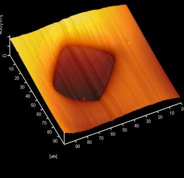 Based on atomic force microscope measurements, the crater s dimensions were approximately 300 µm x 300 µm x 240 nm, (length x width x depth).
