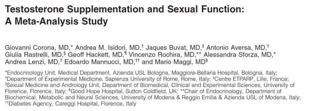 Corona et al., J Sex Med. 2014;11:1577 The effects of testosterone supplementation (TS) on male sexual functions in ED subjects are still more controversial.