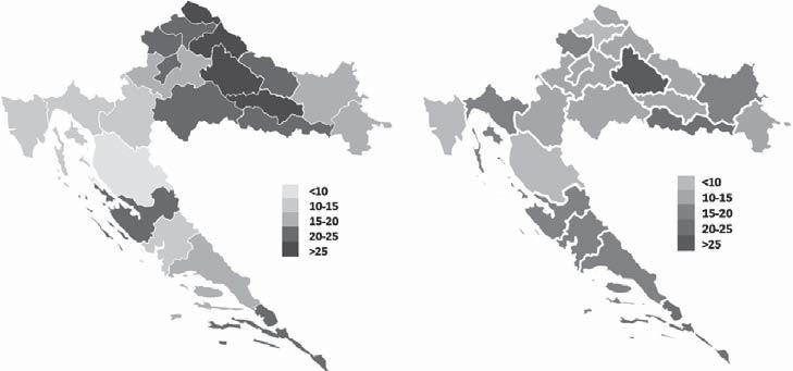 Figure 6 Age-standardised (estimates of Croatian population in 2013) ovarian cancer incidence and mortality rates in Croatian counties in 2013, according to data from (6) Figure 7 Ovarian cancer