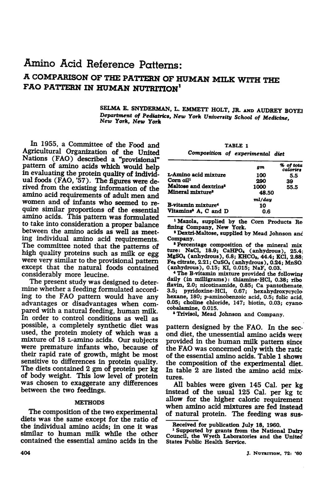 Amino Acid Reference Patterns: A COMPARISON OF THE PATTERN OF HUMAN MILK WITH THE PATTERN IN HUMAN NUTRITION1 SELMA E. SNYDERMAN, L. EMMETT HOLT, JR.